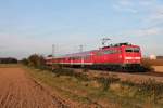 Am 31.10.2014 fuhr die 111 061 im Licht der untergehenden Sonne mit einer RegionalBahn (Offenburg - Basel Bad Bf) südlich von Buggingen ihrem nächsten Zwischenhalt in Müllheim (Baden)