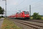 Einfahrt von der Freiburger 146 116-9  Baden Württemberg erfahren/Landkreis Lörrach  am 10.08.2015 mit ihrem RE (Offenburg - Basel Bad Bf) in den Bahnhof von Müllheim (Baden).