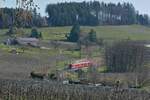 Blick vom Herrmannsberg auf den von Lindau-Reutin nach Augsburg fahrenden RE 7 / 3285, der sich am 24.03.2021 in der Nhe des Lindauer Ortsteils Schnau befindet