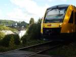 VECTUS-Triebwagen VT 206 der HLB vor Schloss/Schlosskirche/Denkmals-Bahnbrücke  von WESTERBURG/Westerwald am 10.9.15    Sorry für den nur  angeschnittenen  VECTUS der HLB am 10.9.15 an