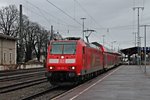 Ausfahrt von der Freiburger 146 109-4  Baden Württemberg erfahren/Lahr (Schwarzw)  am 17.01.2015 mit einer RB (Freiburg (Brsg) Hbf - Neuenburg (Baden)) aus Müllheim (Baden) ihren Ziel entgegen.