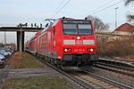 Ausfahrt von 146 113-6  Baden Württemberg erfahren  am 03.02.2015 mit einem RE (Offenburg - Basel SBB) aus Orschweier in Richutng Ringsheim/Europa Park.
