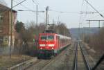 111 088 mit einem RE von Nürnberg Hbf nach Stuttgart Hbf am 18.02.2014 in Schnelldorf. Foto aus Mehrzweckabteil des IC-Steuerwagen.