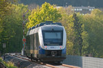 NWB VT 648 186 follows the picturesque Weser route into Vlotho on 06 May 2016. 