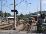 Gleisanlagen und Gebude des Stadtbahn-Betriebshofes der AVG in Ettlingen, aufgenommen am 24.08.2003.