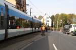 Wagen 1009 der Saarbahn ist der erste Saarbrcker Stadtbahnwagen, der die Stadtbahn-Neubaustrecke in der Gemeinde Riegelsberg nrdlich von Saarbrcken befhrt; anlsslich erster Testfahrten machte er