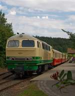 Die schmalspur (1000mm) Diesellok D5 (ex FEVE 1405) der Brohltalbahn steht am 18.08.2011 im Bf Engeln mit Zug fr Rckfahrt bereit. Die Lok wurde 1966 unter der Fabriknummer 31004 bei Henschel  gebaut. Sie hat eine Leistung von 1200 PS und eine Bauart B-B. Im Jahr 1998 kam die Lok von Spanien ins Brohltal.