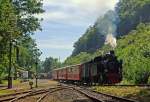 Dampftage auf der Brohltalbahn - Die Gastlok 99 6101  Pfiffi  der Harzer Schmalspurbahnen fhrt am 02.09.2012 vom Bf Bohl BE in Richtung Oberzissen los.