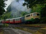 Am Morgen des 14.9.2013 verlässt der erste Zug Brohl in die Vulkan Eifel mit einem langen Reisewagenzug, hier ist der Zug gerade in die Steigung der Bahnhofsausfahrt eingefahren. 