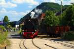 Einfahrt von 11sm der Brohltalbahn mit zwei Regelspurwaggons am 05.06.2015 in die Phonolith-Verladeanlage des Brohler Rheinhafens.