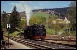 991776 rangierte bei herrlichem Wetter am 7.6.1991 im Bahnhof Oberwiesenthal.