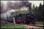 991788 mit dem Personenzug nach Oberwiesenthal am 6.6.1991 um 12.50 Uhr bei Rothensehma.