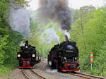 Ausfahrt 99 5901 zur Weiterfahrt in Richtung Stiege  und 99 7245-6 als HSB 8904 zur Weiterfahrt nach Benneckenstein und dann nach Drei Annen Hohne aus den Bahnhof Eisfelder Talmühle am 20.