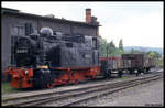 Am 22.06.1991 stand 996102 kalt im Bahnhof Gernrode abgestellt. Mit der vorn an der Pufferbohle angehängten Laterne, die als Spardose diente, bat man um Spenden, um die Lok später wieder in Stand zu versetzen. 