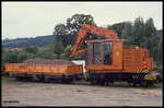 Schmalspur Schienenkran der Harzer Schmalspurbahnen am 22.6.1991 im Bahnhof Gernrode.