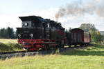 Am Ortsausgang von Hasselfelde kommt die 99 6001 gen Eisfelder Talmühle gefahren. 16. September 2017