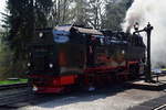 99 7232 am Mittag des 21.04.2018 beim Wasserfassen im Bahnhof Drei Annen Hohne.