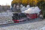 Der 99 6001 mit dem Planzug zwischen Bahnhöfe Sternhaus Ramberg und Gernrode am 6. Januar 2017.