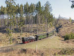 Der 99 5906-5 mit Traditionszug von Brocken zwischen Bahnhöfe Drei Annen Hohne und  Drängetal am 19. April 2019