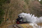 Scheinanfahrt von 99 5901 mit IG HSB-Sonder-PmG (Wernigerode-Quedlinburg), am Vormittag des 26.02.2017, kurz vor dem Bahnhof Elend.