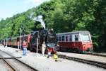 Whrend der Durst von 99 6001 gestillt wird, fhrt 199 018 als P8976 in Alexisbad ein; 10.06.2008