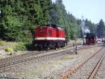 199 861-6 und 99 7236-5 im Bahnhof Schierke. Das Harzkamel war Richtung Brocken unterwegs um einen liegengebliebenen Zug abzuschleppen. An der Lok des  Schadzuges  war ein Treibzapfen abgebrochen. 27.08.08
