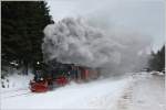 99 7243 der Harzer Schmalspurbahnen fhrt mit Zug 8945 von Wernigerode auf den Brocken. 
Schierke 3.2.2011
