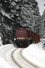  Harzkamele  199 874-9 mit Schneeschleuder, beim Talfahrt vom Brocken kurz vor Bahnhof Schierke. 14.02.06