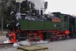 99 5902 setzt sich am Mittag des 06.04.2012 im Bahnhof Drei Annen Hohne mit ihrem aus historischen Wagen gebildeten Sonderzug in Richtung Schierke, Brocken, krftig schnaufend in Bewegung.