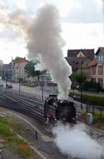 99 7239 rangiert am Morgen des 09.06.12 im HSB-Depot Wernigerode an einen Personenzug.