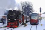 99 7237 am 25.01.2013 im Bahnhof Wernigerode bei der bernahme von P8937, welchen sie gleich darauf zum Brocken bringen wird.