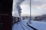 Soeben hat am 25.01.2013 99 7237 mit ihrem Zug P8937 zum Brocken den Bahnhof Wernigerode verlassen und dampft gemchlich ihrem ersten Halt, Wernigerode-Westerntor, entgegen.