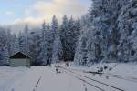 Schierke - Ein Wintermärchen! Das Bild zeigt die westliche Ausfahrt des Bahnhofes Schierke in Richtung Brocken am Nachmittag des 25.01.2013.