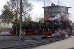 Blick am Mittag des 18.10.2013 ins HSB-Bw Wernigerode. Whrend sich 99 236 auf ihren nchsten Plandiensteinsatz vorbereitet, warten im Hintergrund 99 6101 und 99 5901 auf spezielle Aufgaben. Letztere wird in Krze einen Sonderzug der IG HSB zum Brocken bringen, das kleine Maschinchen links kommt dagegen erst am nchsten Tag, ebenfalls vor einem Sonderzug des genannten Vereins, zum Einsatz.