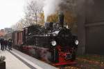 Soeben wird hier am Mittag des 18.10.2013 im Bahnhof Wernigerode 99 5901 an einen Sonderzug der IG HSB angekuppelt.