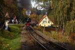 Scheinanfahrt von 99 6101 mit einem Sonderzug der IG HSB am 19.10.2013 aus dem Haltepunkt Sorge.