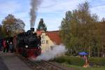 99 6101 mit Sonderzug der IG HSB in Richtung  Eisfelder Talmühle  am 19.10.2013 beim Fotohalt im Haltepunkt Sorge.