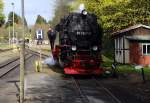 99 7247 am Nachmittag des 15.04.2014, kurz vor Übernahme eines Zuges in Richtung Wernigerode, im Bahnhof Drei Annen Hohne.