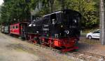 Bahnhof Drei Annen Hohne am 17.10.2014. Nach erfolgter Bekohlung schiebt 99 5906 jetzt ihren IG HSB-Sonderzug aus Gleis 4, um ihn auf einem anderen Gleis des Bahnhofes zur Weiterfahrt bereitzustellen und Wasser zu nehmen. Danach geht es weiter nach Eisfelder Talmühle und Gernrode.