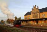 Kurz nachdem am 18.10.2014 ein Planzug in Richtung Eisfelder Talmühle den Bahnhof Quedlinburg verlassen hat, setzt jetzt 99 6101 um, ans andere Ende ihres IG HSB-Sonderzuges, um kurz darauf mit