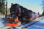 99 7243 am 13.02.2015 beim Umsetzen ihres IG HSB-Sonderzuges von Gleis 1 auf Gleis 2 im Bahnhof Drei Annen Hohne.