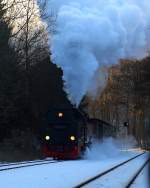 Während sich 99 7243 am Nachmittag des 13.02.2015 zum Wasserfassen und Umsetzen im Bahnhof Eisfelder Talmühle aufhielt, sind derweil die Fotografen des von ihr beförderten IG HSB-Sonderzuges schon zum nächsten Fotopunkt vorausmarschiert, um die hier zu sehende Ausfahrt bildlich festhalten zu können.