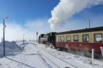 Ausfahrt aus dem Brockenbahnhof der 99 7240 am 16.02.2016.