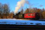 Fahrt von 99 7243 mit IG HSB-Sonderzug am späten Nachmittag des 13.02.2015 durch die Stieger Wendeschleife.