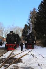 Nachdem 99 5901 und 99 6101 mit ihrem IG HSB-Sonder-PmG am 14.02.2015 im heutigen Zielbahnhof, Hasselfelde, angekommen sind, wo eine längere Mittagspause ansteht, beginnen auch schon die Rangierarbeiten zur Vorbereitung der Rückfahrt.