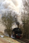 Scheinanfahrt von 99 6001 mit IG HSB-Sonderzug am 15.02.2015 in Höhe Rinkemühle, kurz hinter Silberhütte (Anhalt).