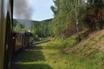 Durch etliche Bögen windet sich die Brockenbahn langsam den Brocken hoch mit einer maximalen Steigung von 33.3 Promille also 3.33 Prozent.