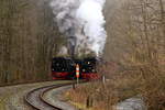 99 5901 mit IG HSB-Sonderzug nach Quedlinburg und 99 6001 mit IG HSB-Sonderzug nach Wernigerode am 07.02.2016 bei einer Parallelfahrt kurz hinter dem Bahnhof Eisfelder Talmühle.