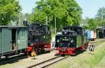 5. Mai 2018: Eisenbahnfest in Mesendorf mit drei Dampflokomotiven. Lok Lok 99 4511 der Pressnitztalbahn ist mit einem Zug aus Lindenberg eingetroffen. 99 4652 des Fördervereins zur Erhaltung der Rügenschen Kleinbahnen rangiert zum Schluss des Zuges und wird ihn in Kürze zurückbringen. 