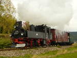 Am 3. und 4. Oktober 2009 fand in und um Schönheide das III. WCd-Schmalspurfestival statt. Ich besuchte es am Sonntag bei wenig vorteilhaftem Wetter. Ankunft des Zuges mit Lok 99 564 von Stützengrün.